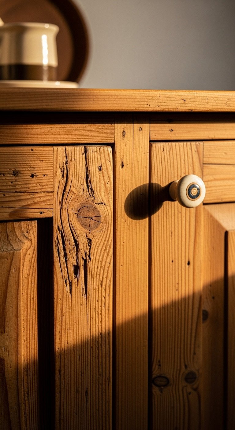 Wabi-Sabi kitchen with reclaimed rough-sawn wood cabinet displaying visible knots and imperfections in warm golden hour light
