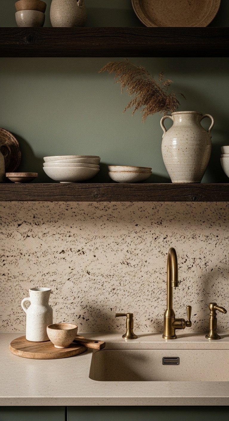 Wabi-sabi kitchen with textured travertine backsplash smooth beige countertop dark rough-sawn wood shelves and handmade pottery