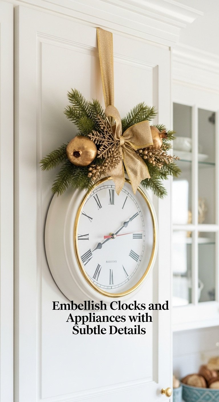 Wall-mounted kitchen clock adorned with a gold ribbon bow and a festive gold pomegranate spray