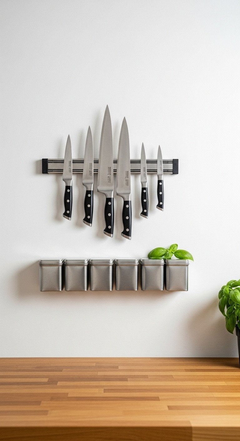 Smart White Apartment Kitchen Ideas To Maximize Style And Space 13 Wall-mounted magnetic knife strip with professional kitchen knives above magnetic spice tins, minimalist white kitchen.