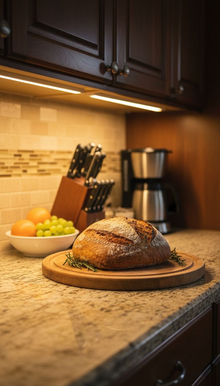 Warm LED light strip under dark wood kitchen cabinet illuminates granite countertop. Elegant modern kitchen lighting design.