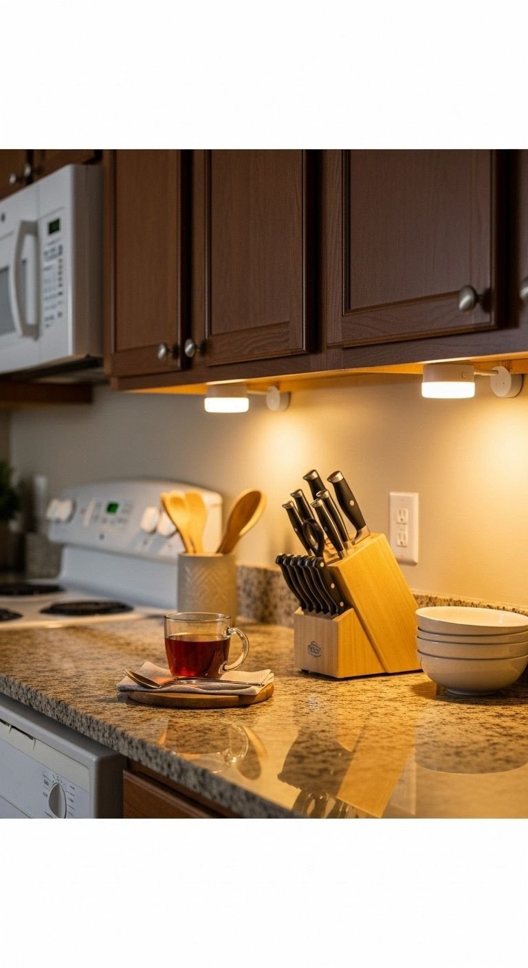 Warm LED puck lights illuminate a granite kitchen countertop under dark wood cabinets, featuring a knife block and steaming tea at dusk.