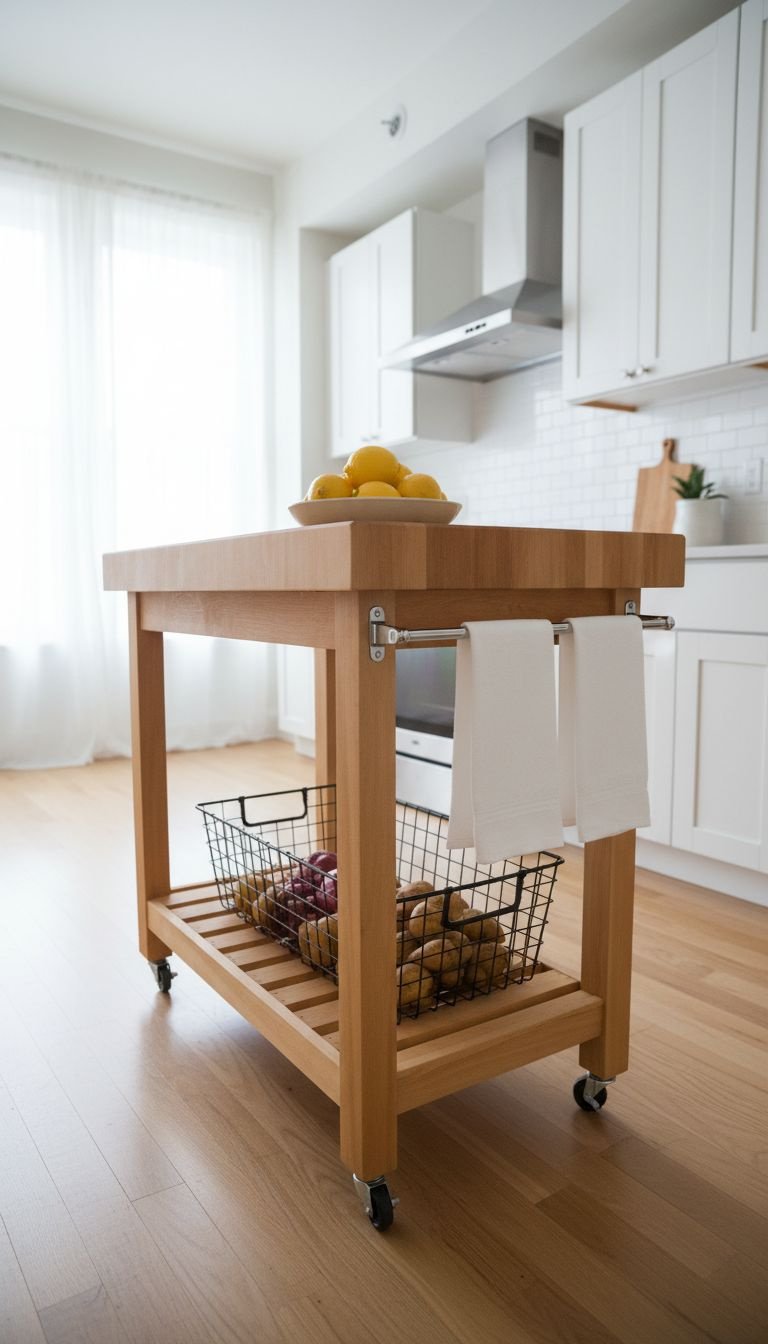 Warm LED puck lights under white cabinets illuminate marble countertop at dusk. Cutting board, flour, wine. Cozy kitchen decor.