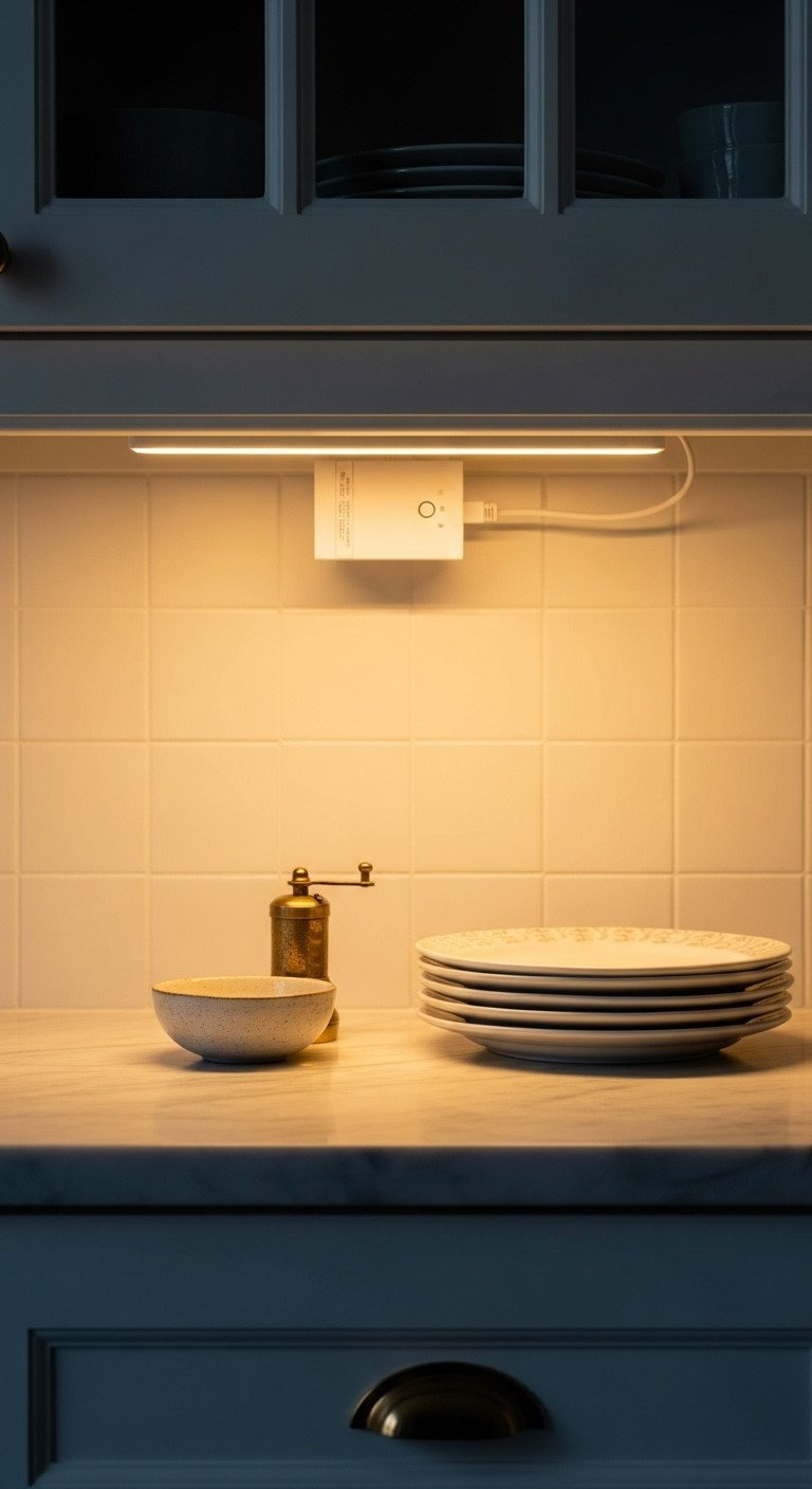 Warm LED strip light illuminating a marble kitchen countertop at dusk with a brass pepper mill, creating cozy ambiance.