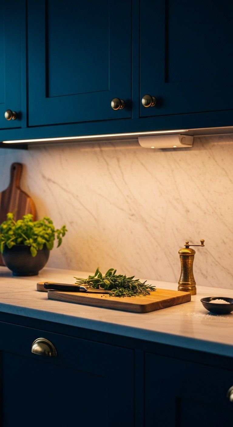 Small Studio Apartment Kitchen Designs That Actually Work 9 Warm LED under-cabinet light illuminates marble counter, wooden cutting board with herbs. Elegant studio kitchen lighting at dusk.