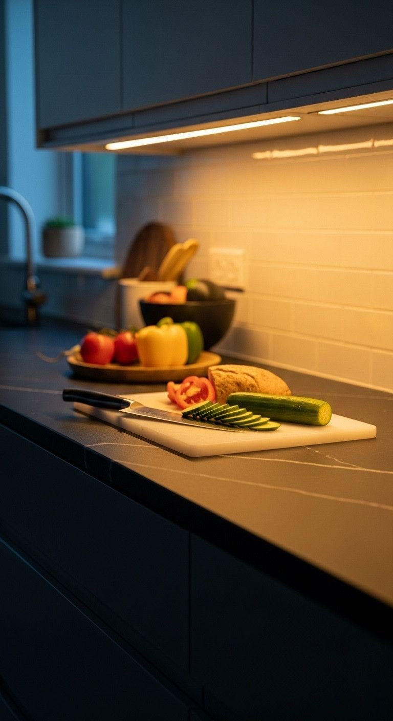 Warm LED under-cabinet lighting illuminates a dark quartz countertop with a chopping board & sliced vegetables at dusk.