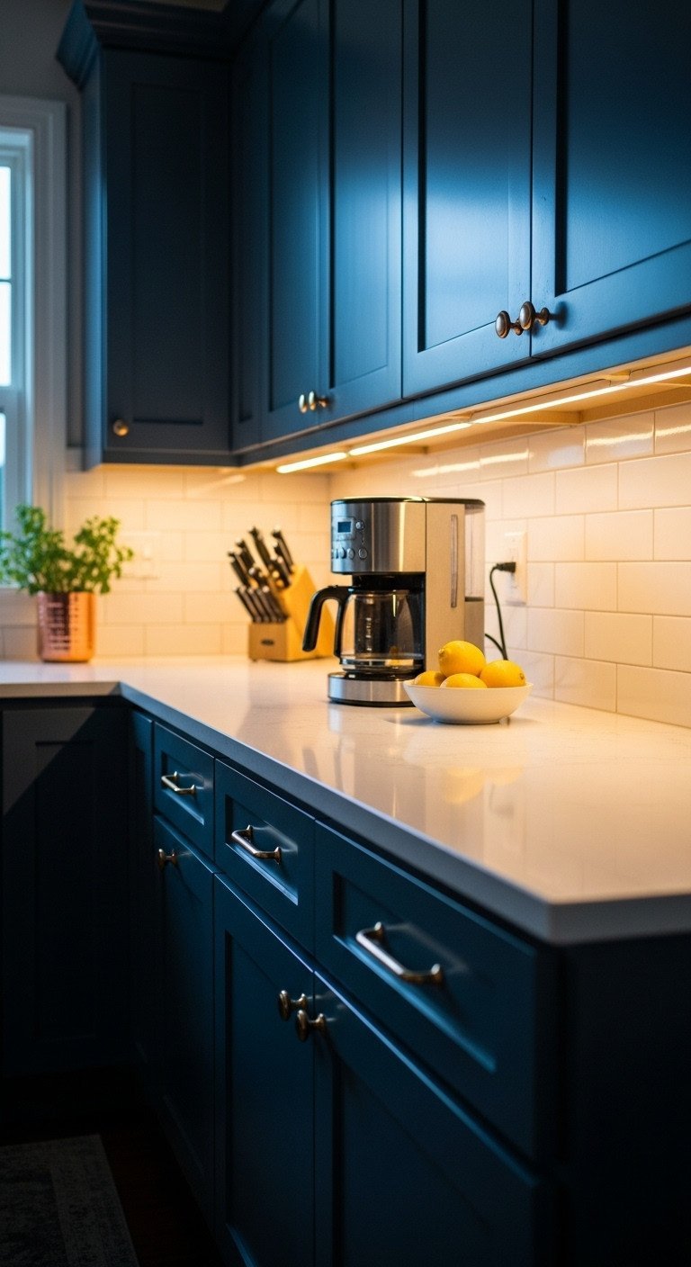 Warm LED under-cabinet lighting illuminates a quartz countertop with a coffee maker and fresh lemons in a chic navy galley kitchen.