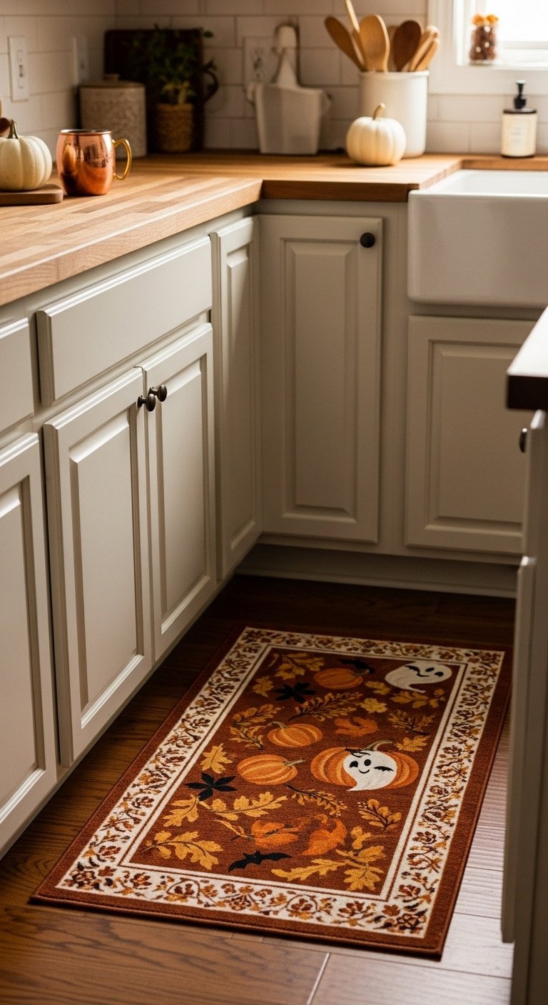 Warm farmhouse kitchen with an autumn themed runner rug featuring subtle hidden bats