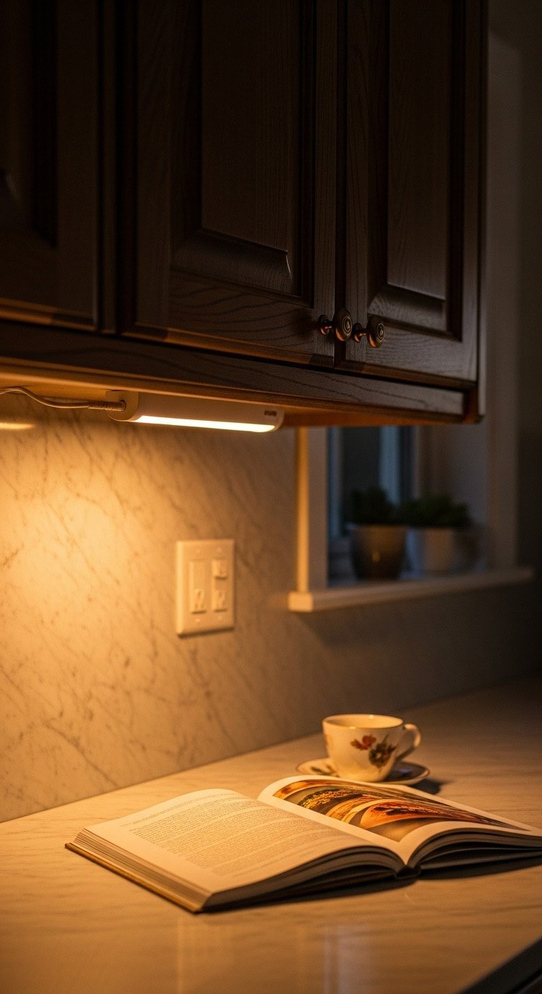 13 Genius Studio Apartment Kitchen Hacks That Save Space 20 Warm glow from rechargeable under-cabinet LED light bar illuminating a cookbook and tea on marble countertop at dusk. Home decor DIY.