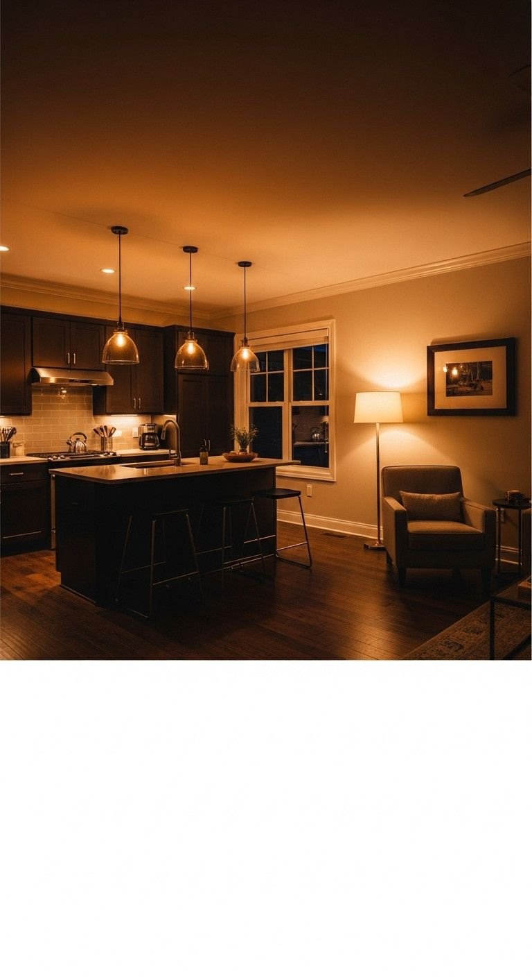 13 Genius Open Concept Apartment Ideas To Create Perfect Flow 11 Warm, layered lighting scheme in cozy open concept apartment at dusk. Recessed, pendant, floor lamps create inviting glow.