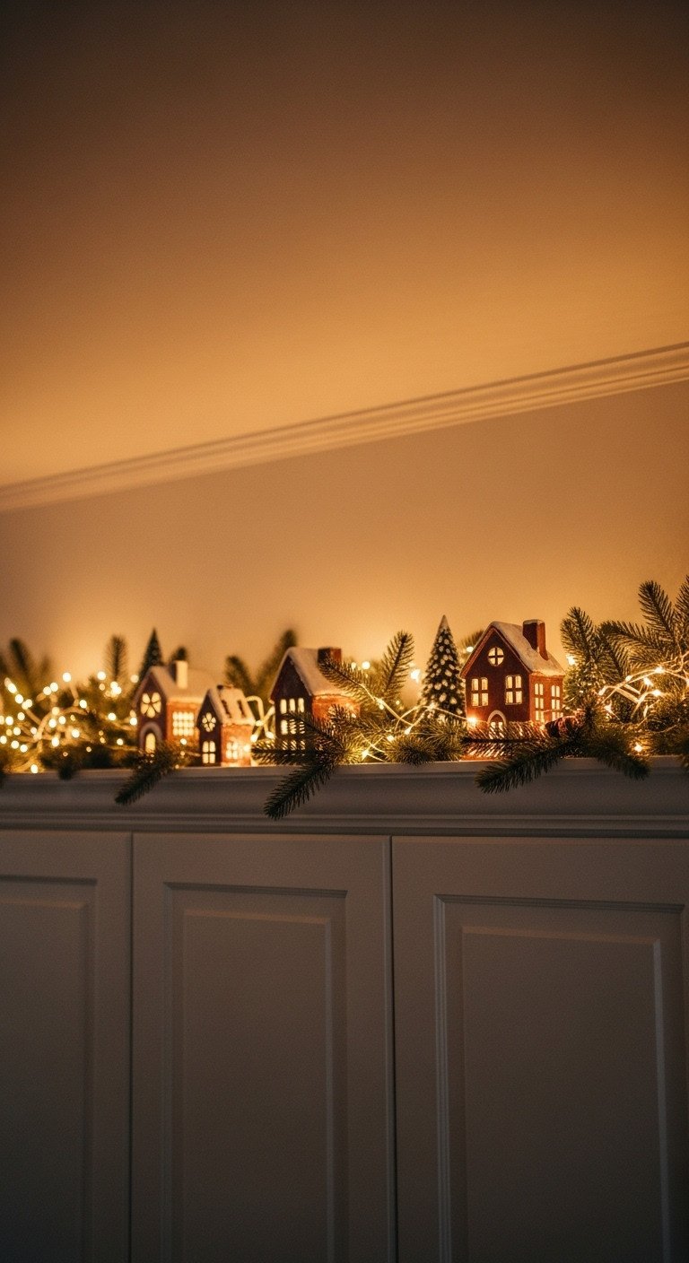Warm twinkling fairy lights woven into garland on kitchen cabinets with Christmas village houses for ambient lighting