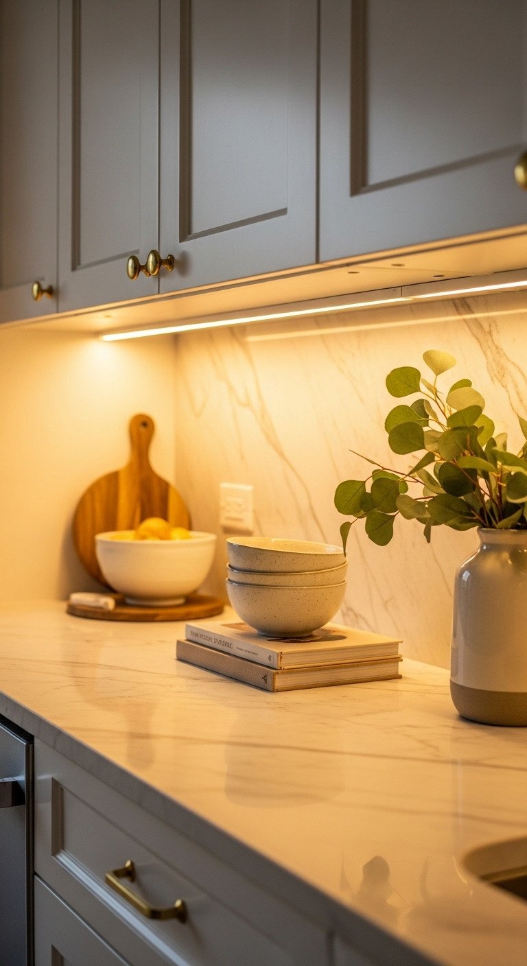 Warm under cabinet LED light strips illuminating a marble countertop with ceramic bowls, cookbook, and eucalyptus in a renter friendly kitchen