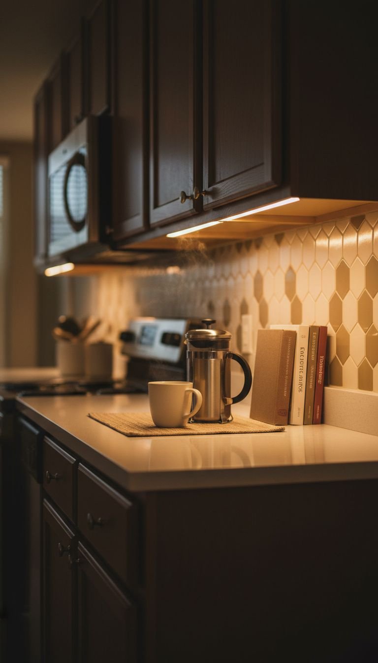 Brilliant Budget Apartment Kitchen Ideas That Look Expensive 7 Warm under-cabinet LED lighting illuminates a cozy kitchen coffee station at dusk with a French press and ceramic mug.