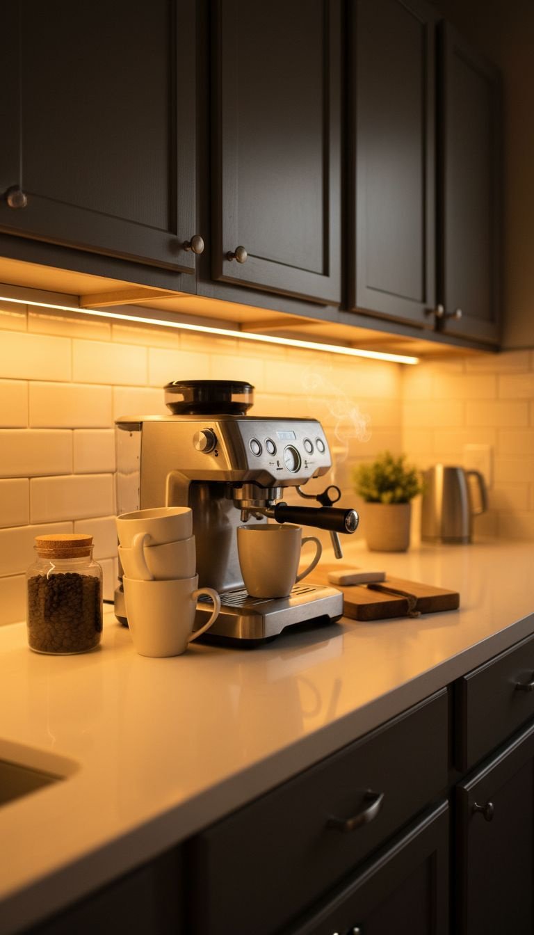 Warm under-cabinet LED lighting illuminates a kitchen coffee station with an espresso machine and mugs. Cozy home decor.