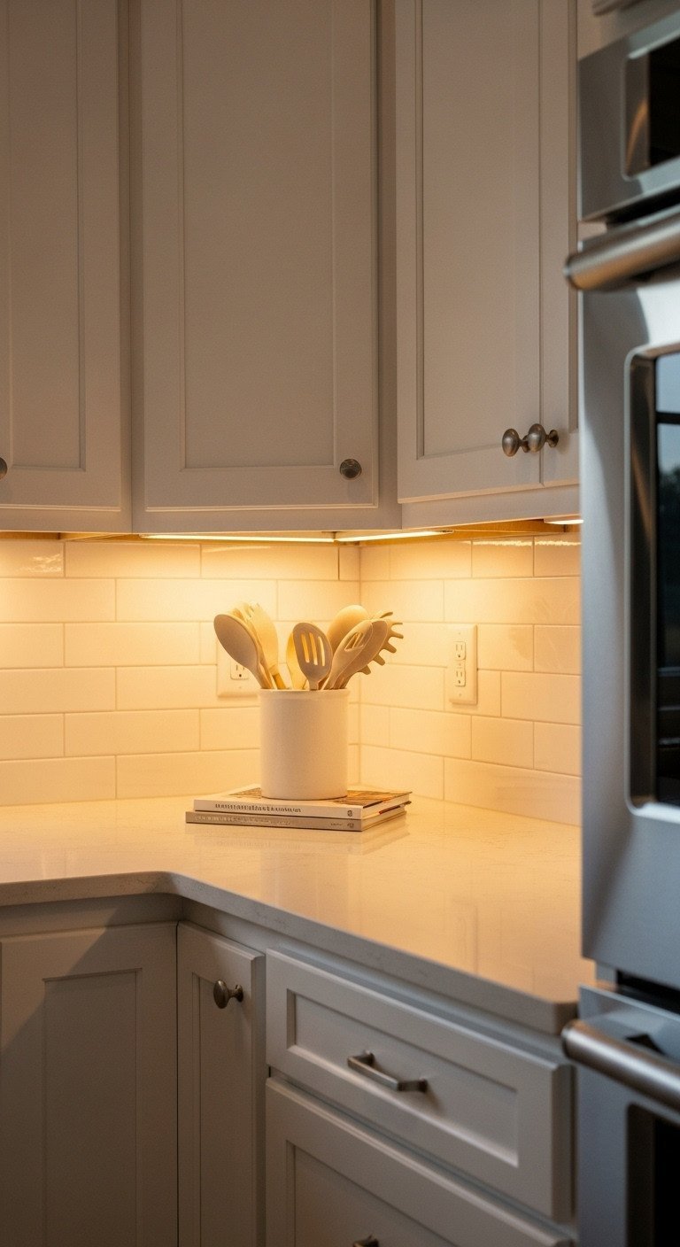 Smart White Apartment Kitchen Ideas To Maximize Style And Space 5 Warm under-cabinet LED lighting illuminates a white quartz kitchen countertop with a ceramic utensil holder and cookbooks.