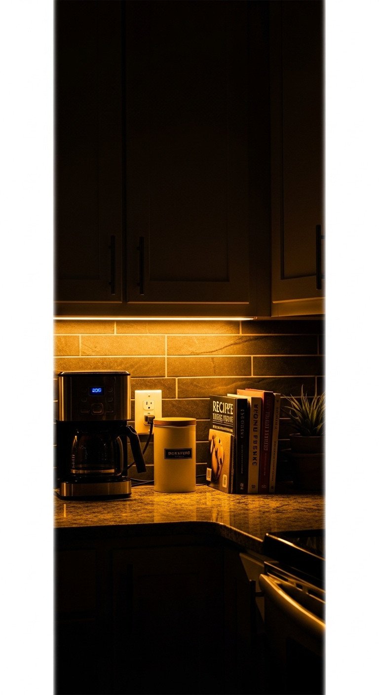 11 Brilliant Apartment Kitchen Layout Ideas For Small Spaces 21 Warm under-cabinet LED lights illuminate granite counter, coffee maker, and recipes. Cozy kitchen ambiance.