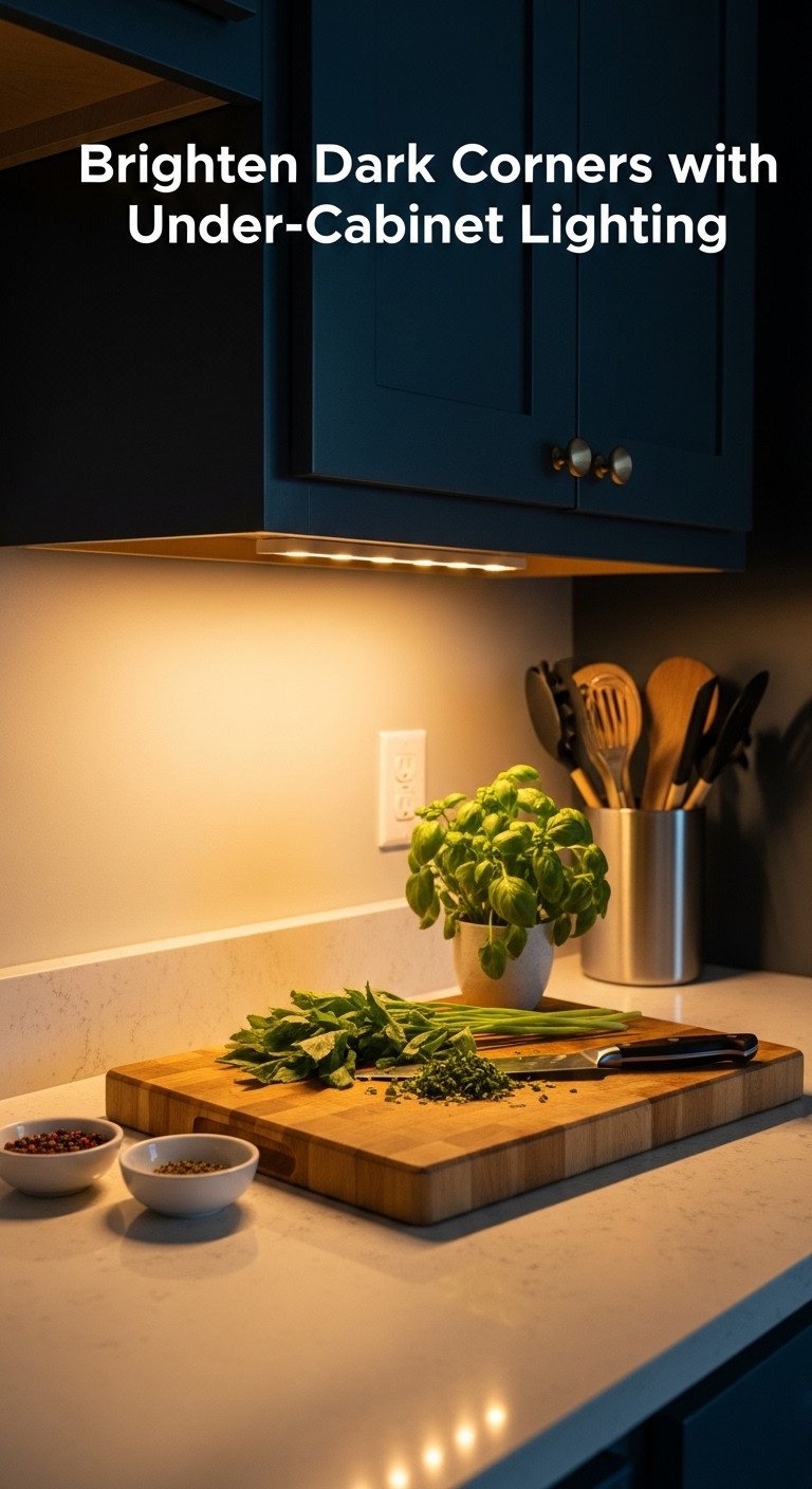 Warm under cabinet LED lights illuminating a quartz countertop with a butcher block, fresh herbs, and a chef's knife