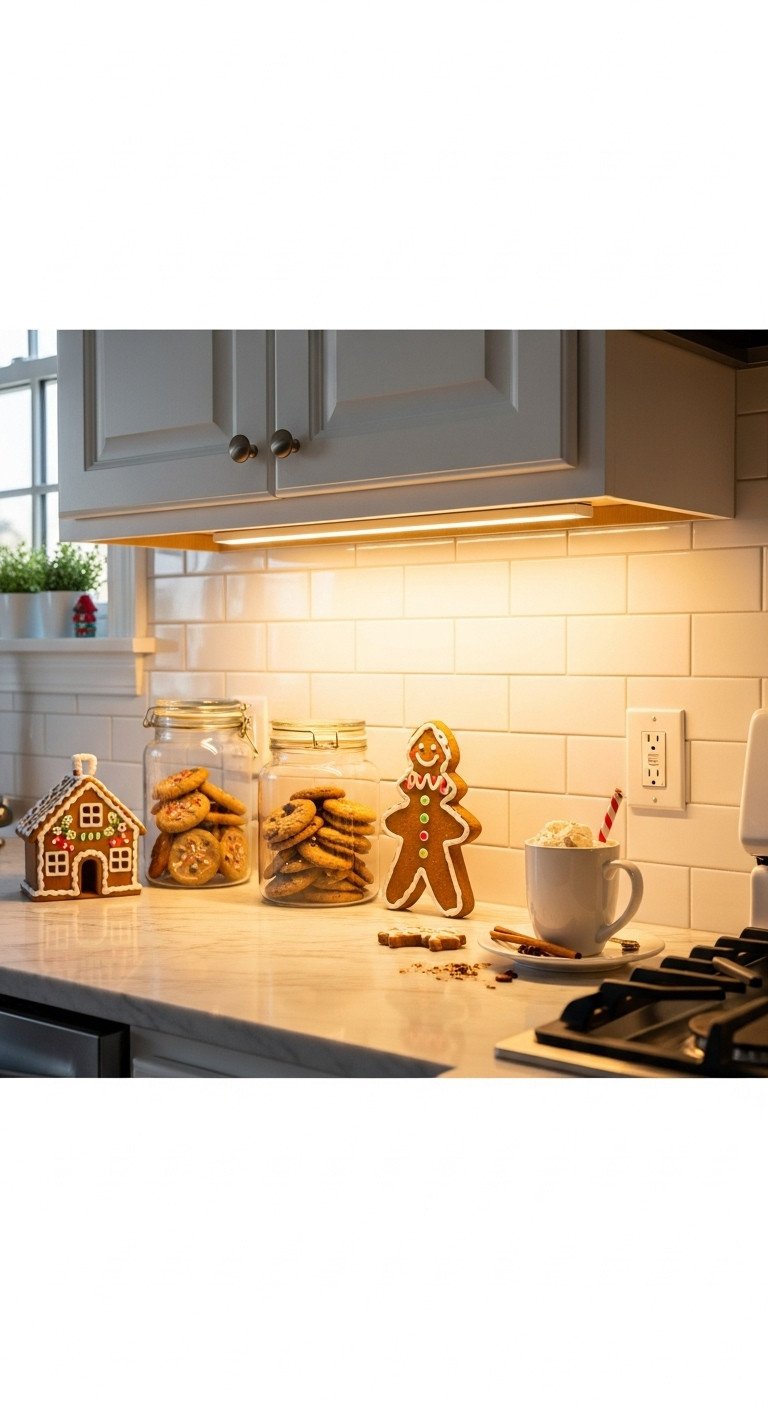 Warm under-cabinet LED strip lighting illuminating a marble kitchen counter with gingerbread house and hot cocoa cozy holiday ambiance