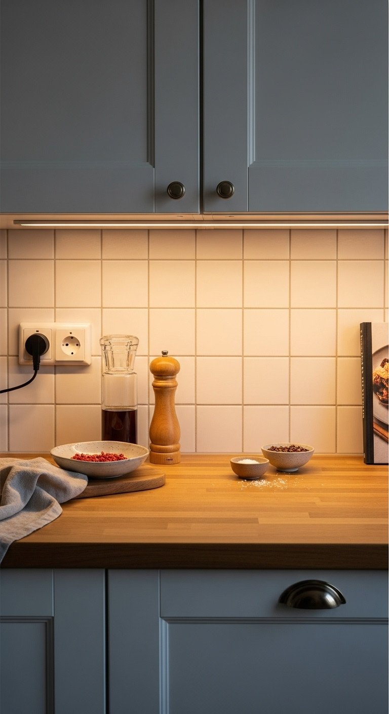 How To Make A Kitchen Cozy A Simple Method For Apartments 3 Warm under-cabinet light illuminates a butcher block kitchen counter with salt bowl, pepper grinder, and cookbook. Cozy home decor.