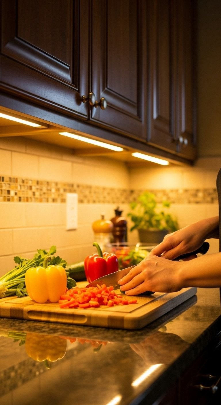 9 Genius Small Kitchen Layouts That Maximize Every Inch 13 Warm under-cabinet lighting illuminates dark granite countertop where hands chop colorful vegetables on a cutting board.