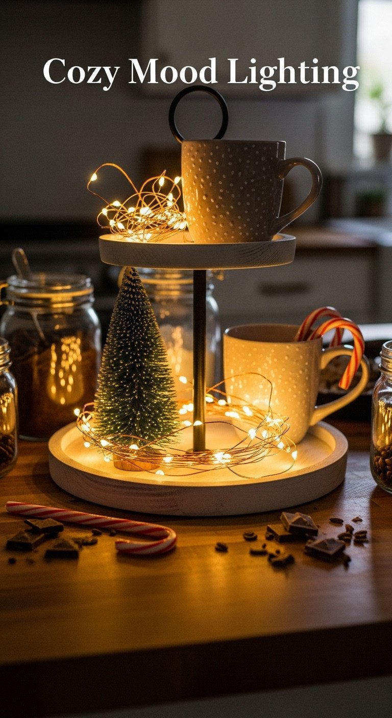 Warm white fairy lights on tiered tray and bottle brush tree for cozy hot chocolate bar mood lighting