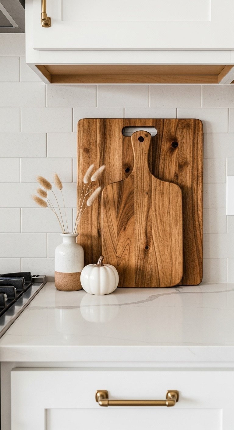 Warm wooden cutting board leaning against backsplash, styled with white ceramic pumpkin and dried bunny tail grass on quartz counter.