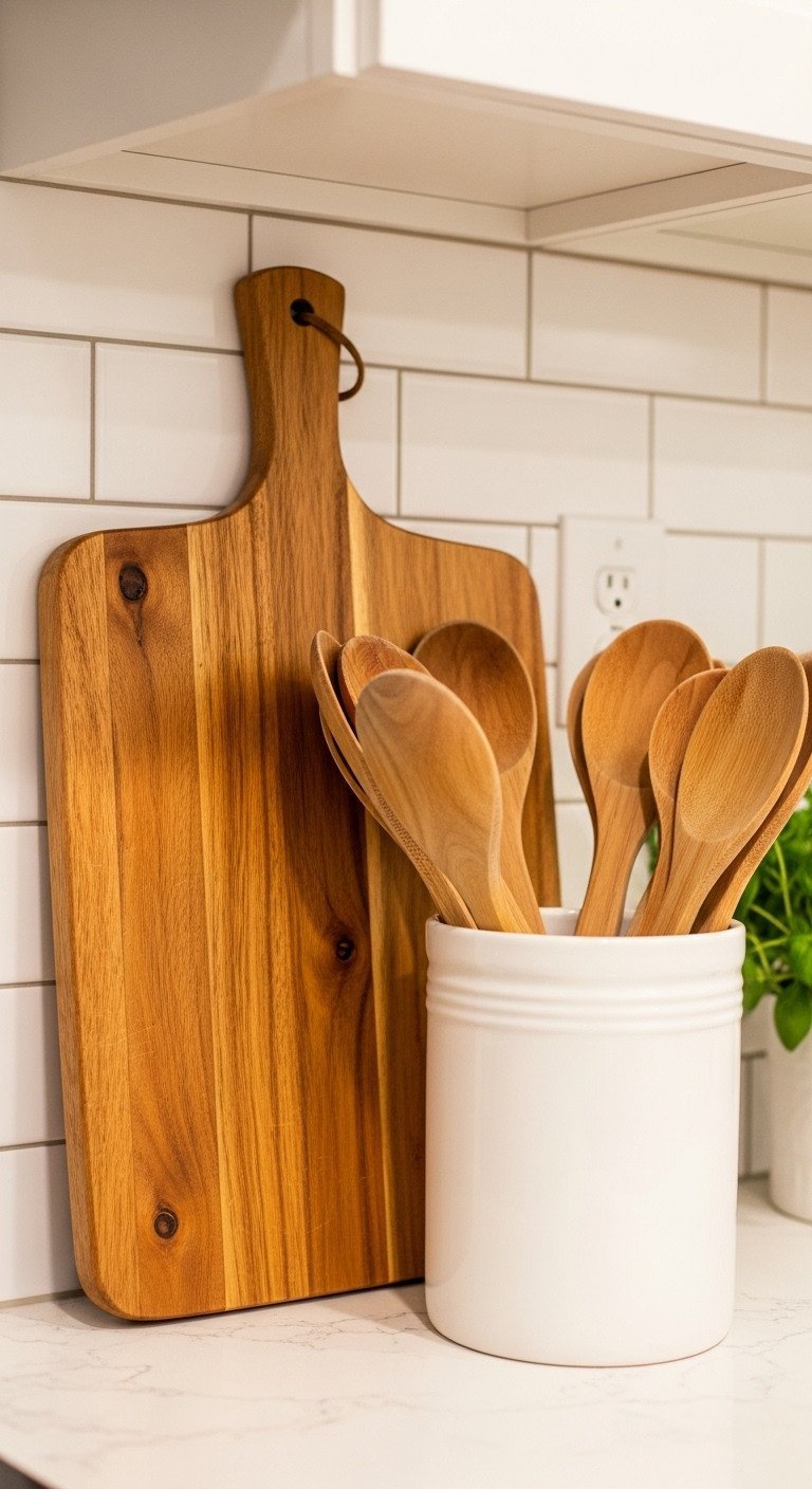 Warm wooden cutting board, white subway tile backsplash. Utensil holder with wooden spoons. Cozy modern kitchen decor.