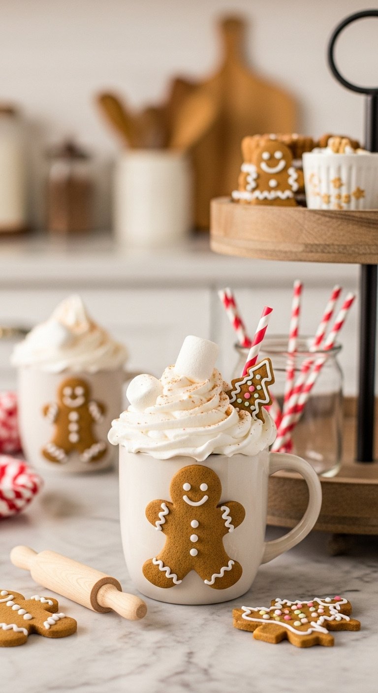 Warm wooden tiered tray, gingerbread theme. Features marshmallow mug, rolling pin, gingerbread man, red straws. Cozy holiday baking decor.