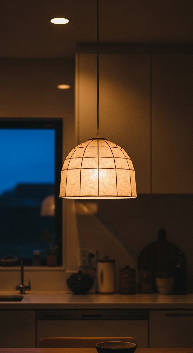Washi rice paper pendant light over a kitchen island emitting a soft warm glow