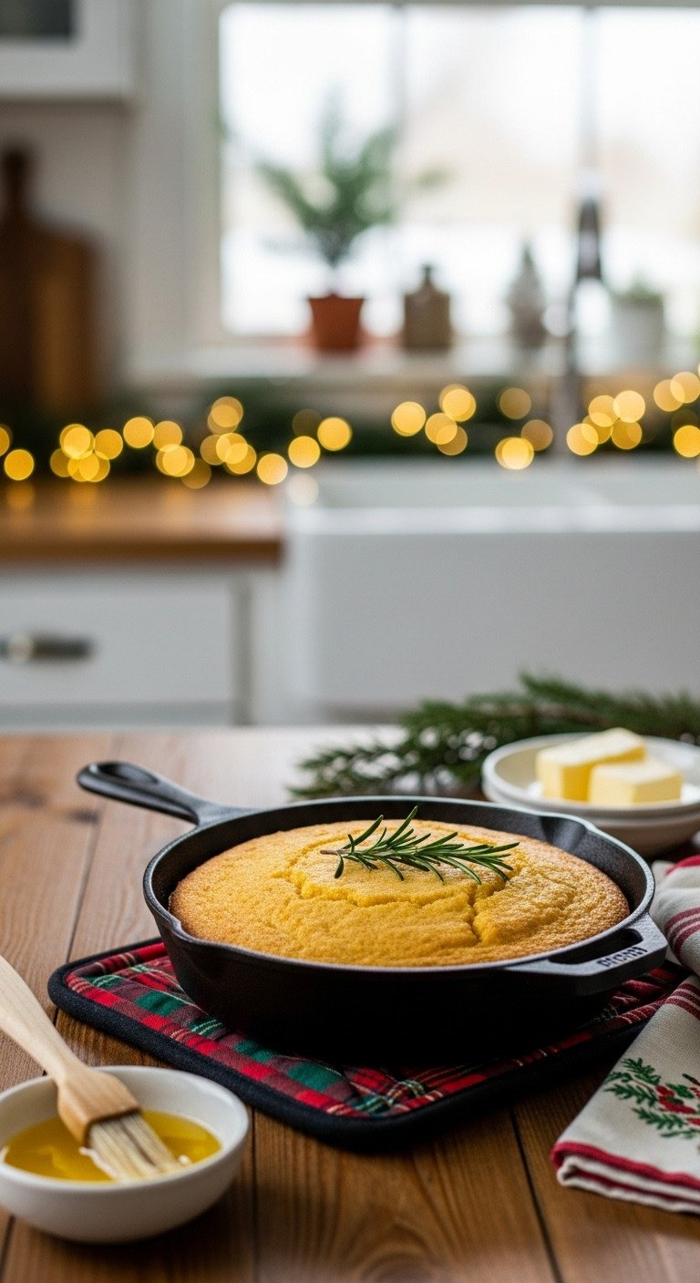 Well-seasoned cast iron skillet with golden-brown cornbread and rosemary on a plaid trivet