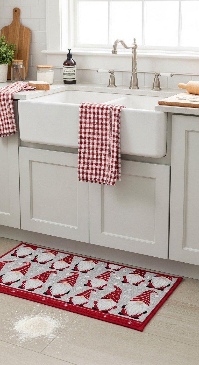 Whimsical Christmas kitchen mat with gnomes in front of sink bright airy light holiday baking scene