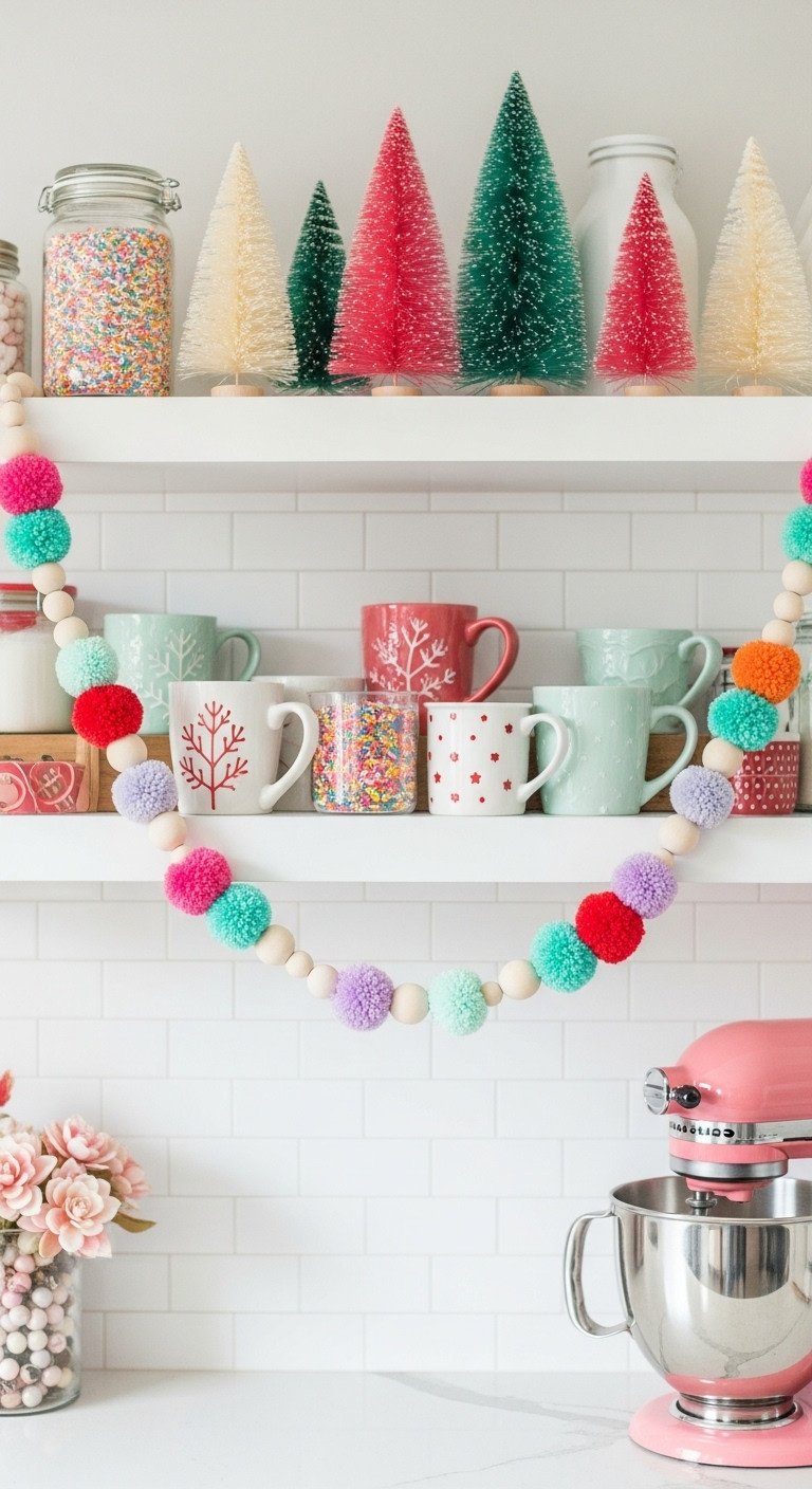 Whimsical Christmas kitchen with colorful felt pom-pom garland and wooden bead garland on open shelf