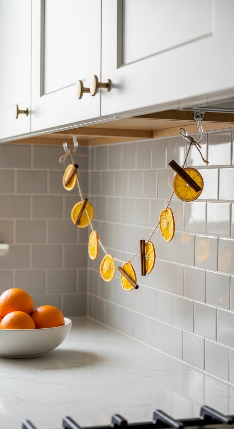 Whimsical gingerbread house centerpiece on cake stand, snowy bottle brush trees on butcher block kitchen island.