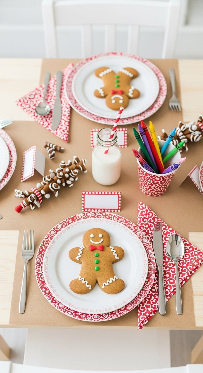 Christmas Table Decor Ideas To Inspire Every Style 13 Whimsical gingerbread kids' Christmas table with gingerbread man place card, milk bottle, crayons on craft paper runner.