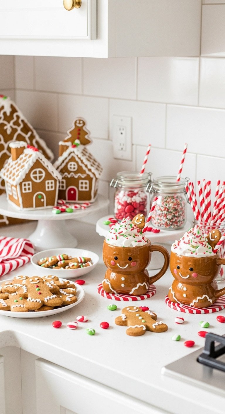7 Christmas Kitchen Decor Hot Cocoa Bar Ideas For A Cozy Home 5 Whimsical gingerbread themed hot cocoa corner with gingerbread houses mugs and cookies on a kitchen counter