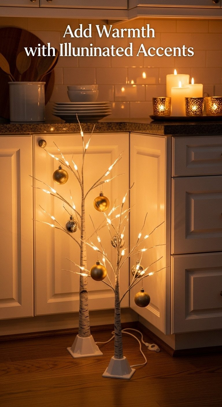 White LED birch trees with twinkling lights and gold silver Christmas balls in a cozy kitchen