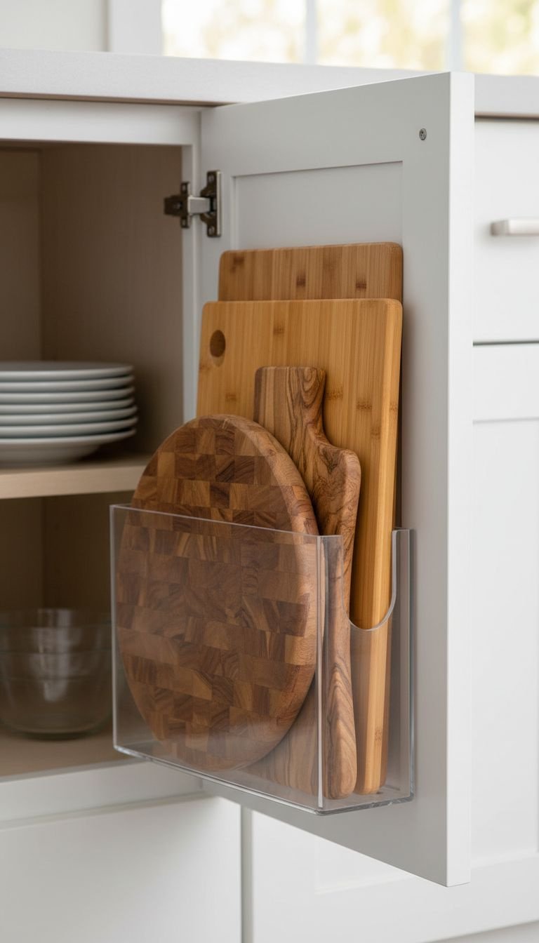 White Shaker cabinet door: clear acrylic organizer holds three cutting boards vertically. Smart kitchen storage.