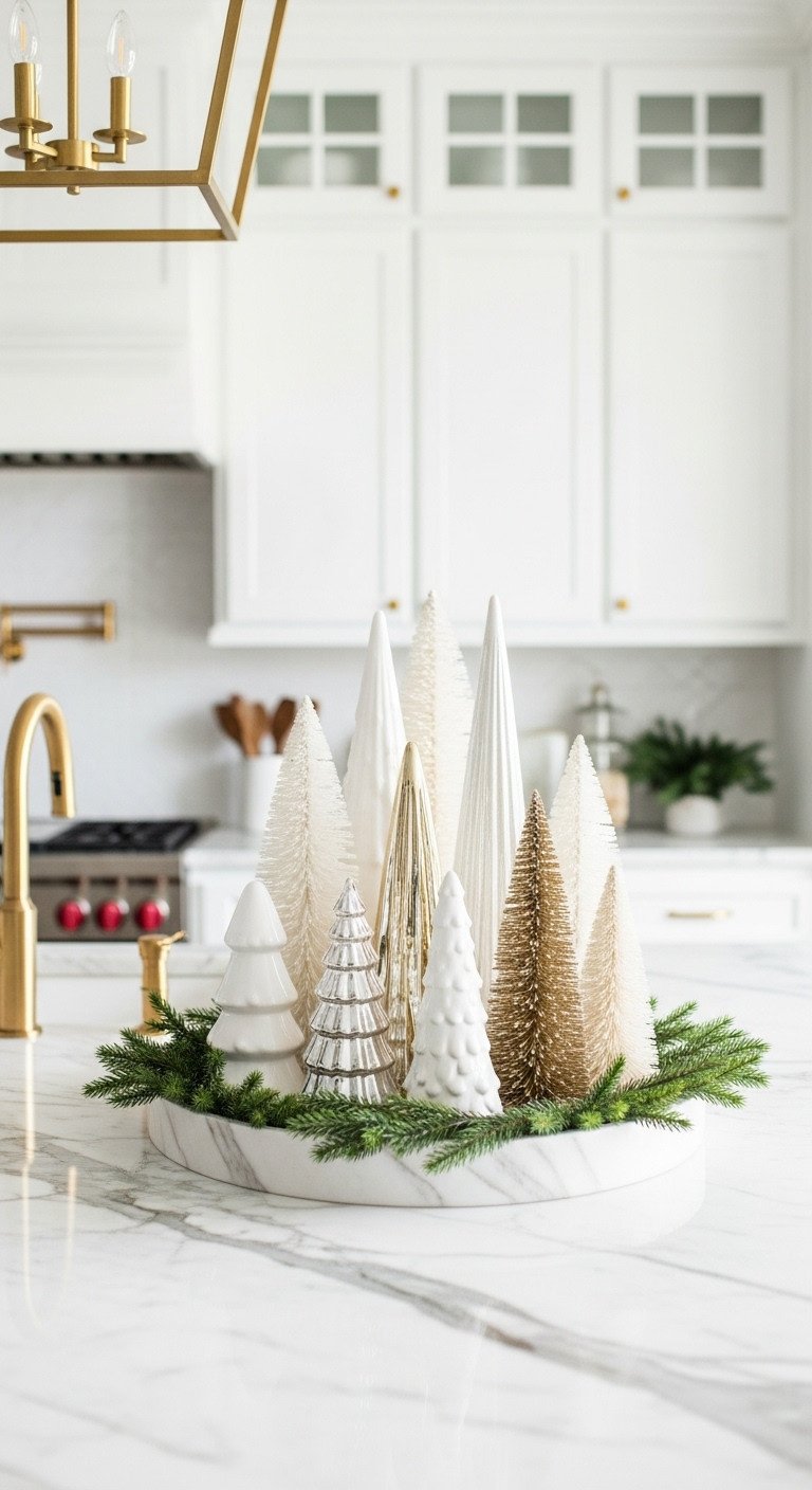 White and gold Christmas trees on a decorative tray on a luxurious white marble kitchen island