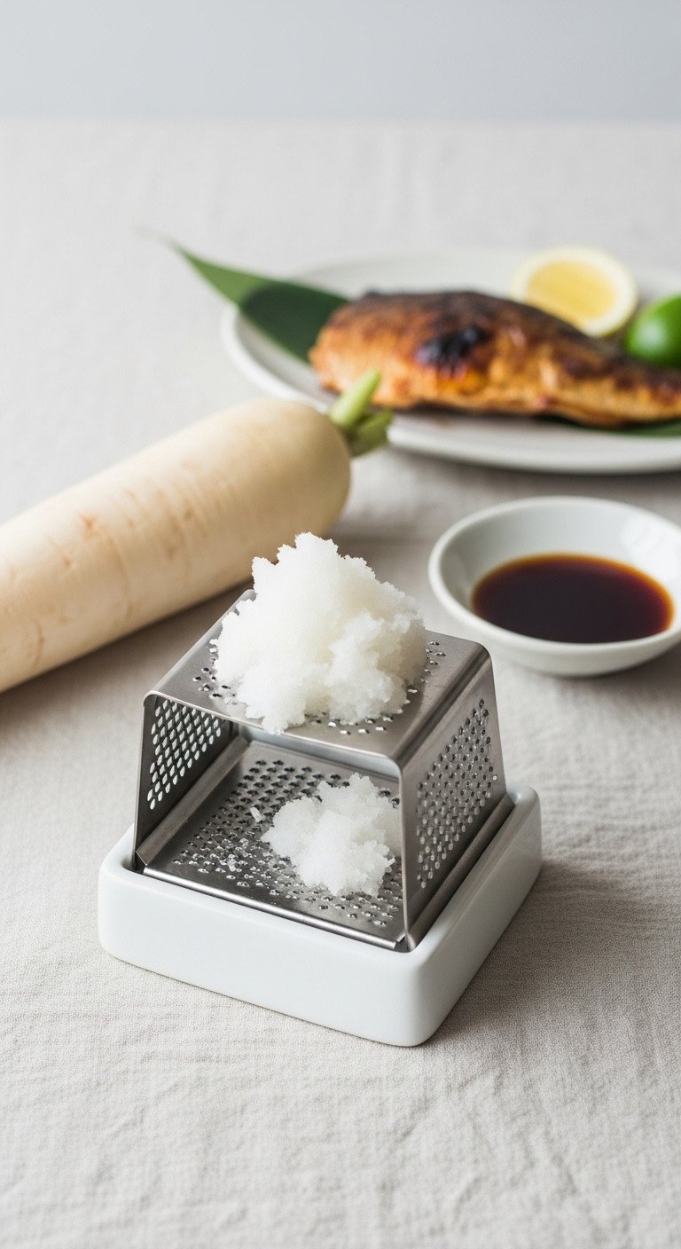 White ceramic Japanese oroshigane grater with fluffy grated daikon radish and piece of daikon on linen tablecloth