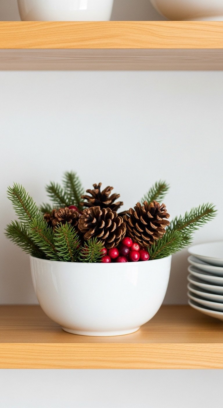 White ceramic bowl filled with pine sprigs pinecones and cranberries on a light wood kitchen shelf