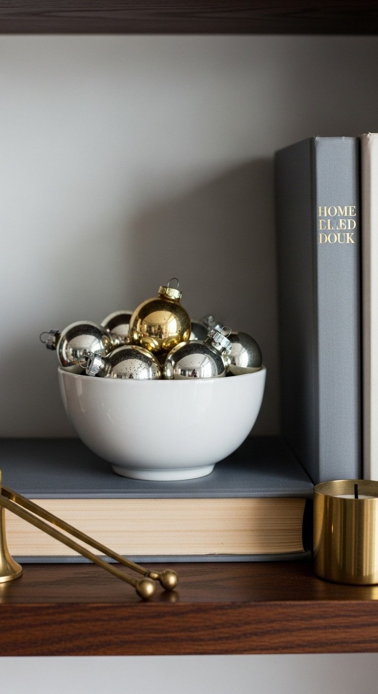 Beautiful Christmas Kitchen Shelves A Step By Step Guide 9 White ceramic bowl with gold and silver vintage glass ornaments on dark wood kitchen shelf near books. Elegant holiday accents.
