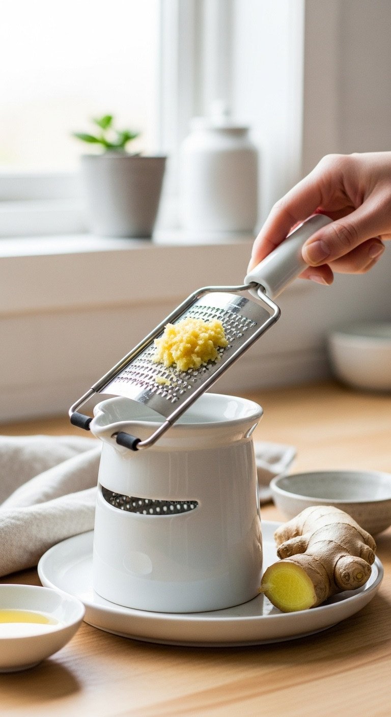 White ceramic oroshigane grater with freshly grated ginger and a piece of ginger root