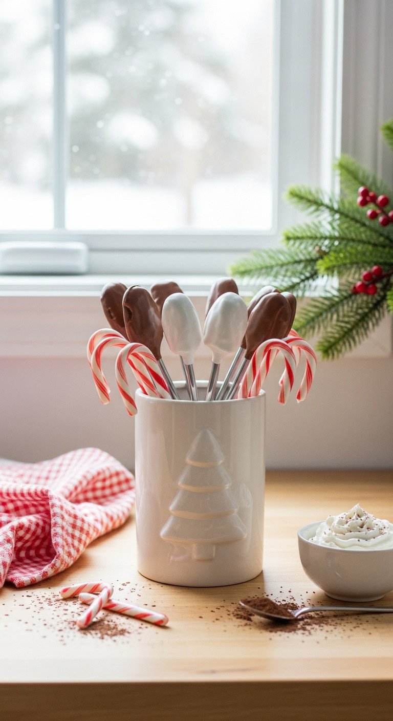White ceramic utensil holder with Christmas tree design filled with candy canes chocolate spoons cozy holiday kitchen