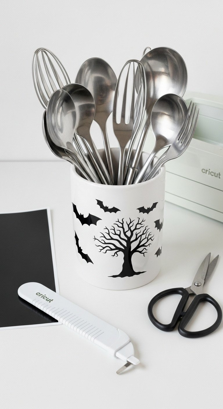 White ceramic utensil holder with black vinyl bat and tree silhouettes