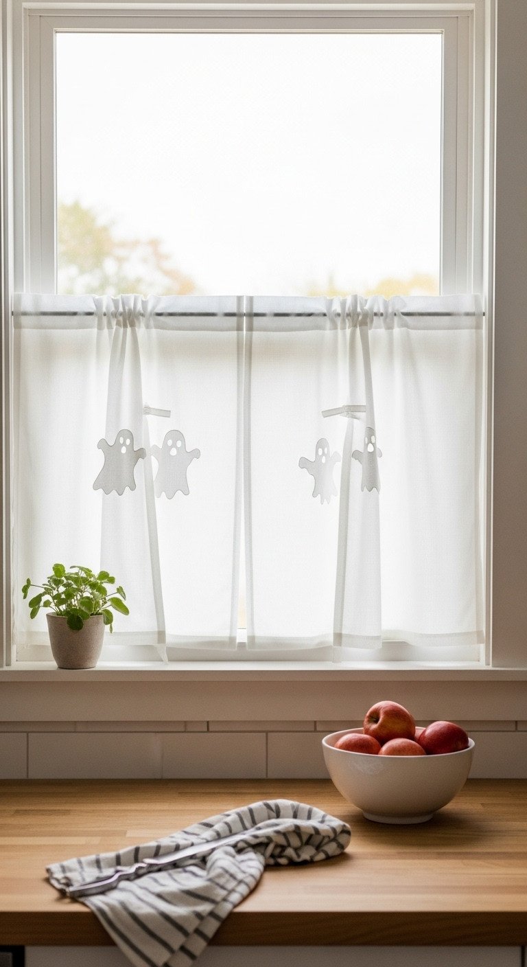White cotton tier curtains with subtle ghost cutouts hanging in a brightly lit kitchen window