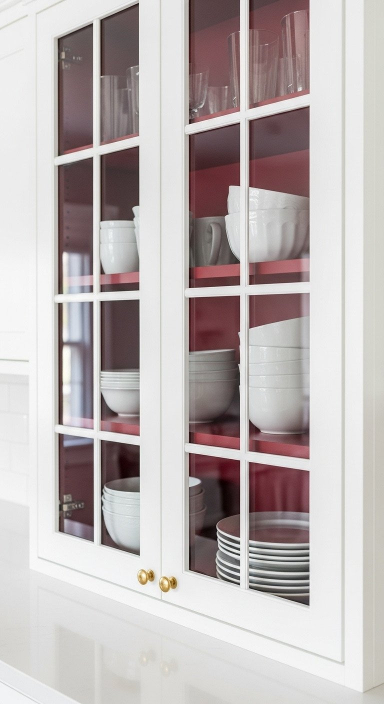 9 Red Apartment Kitchen Ideas That Look Open And Bright 13 White glass-front cabinet, deep burgundy red interior, white dishes, brass knobs. Elegant kitchen.