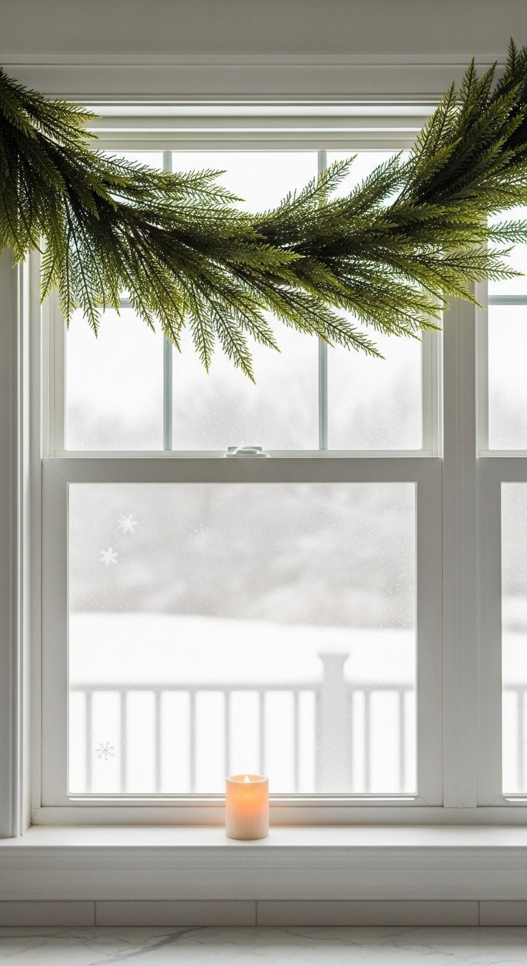 11 Cozy Christmas Kitchen Ideas That Feel Truly Magical 8 White kitchen window: Faux cedar garland, warm battery candle on sill. Snowy blurred outdoor scene for peaceful winter decor.
