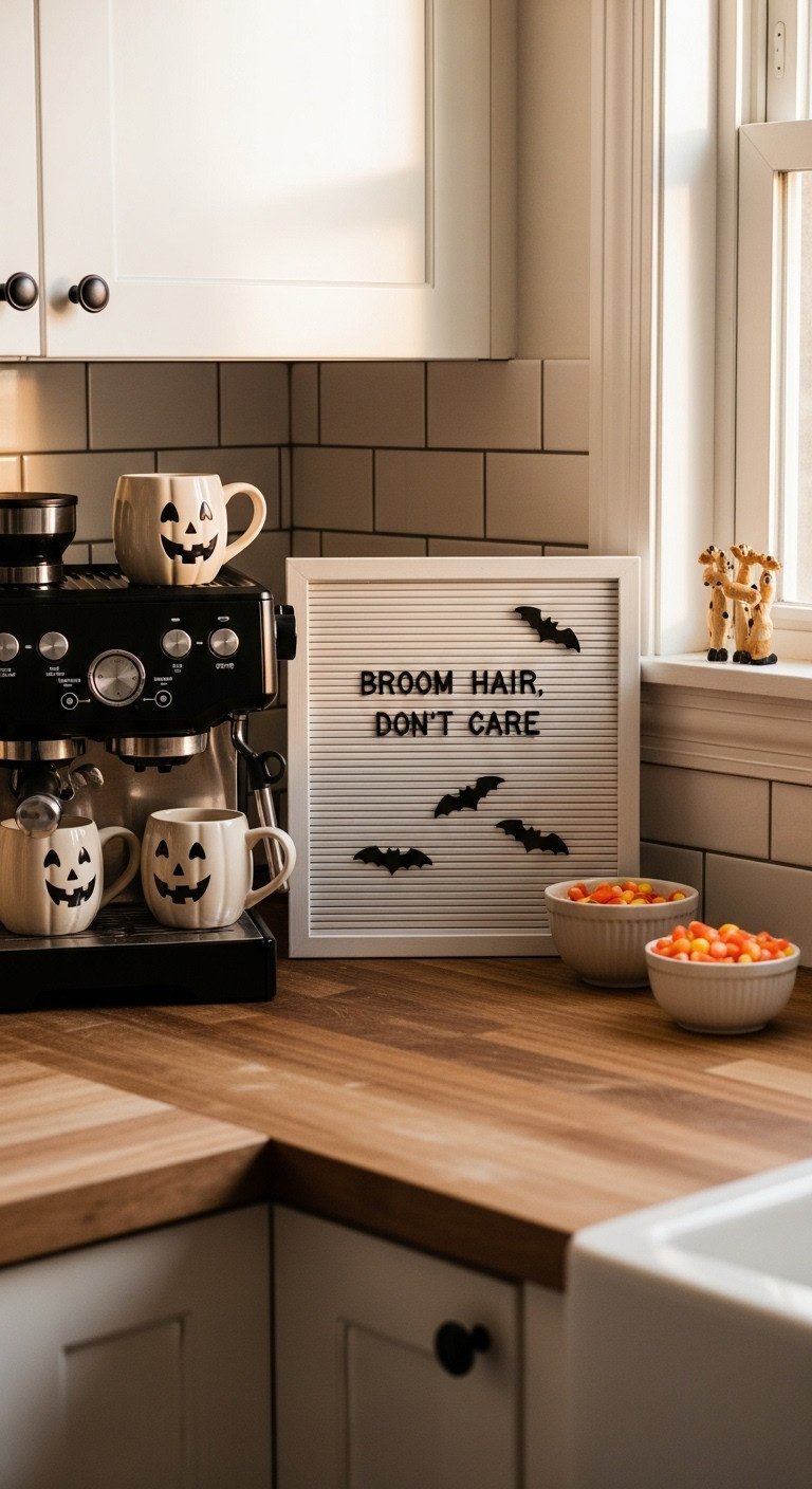 White letter board in a kitchen coffee nook reads Broom Hair Don't Care with espresso machine and Halloween mugs