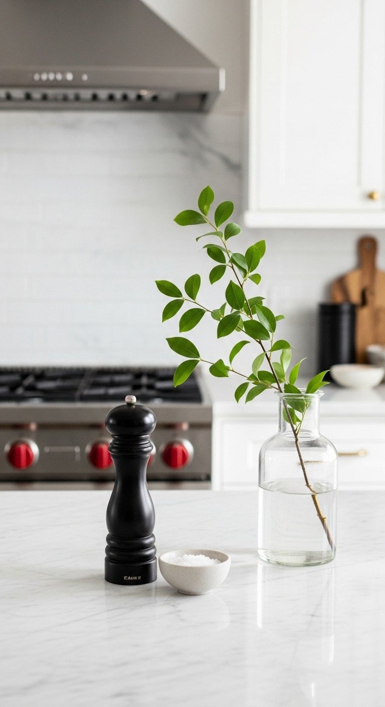 White marble counter vignette: black pepper mill, salt bowl, green branch in vase. Elegant kitchen decor.