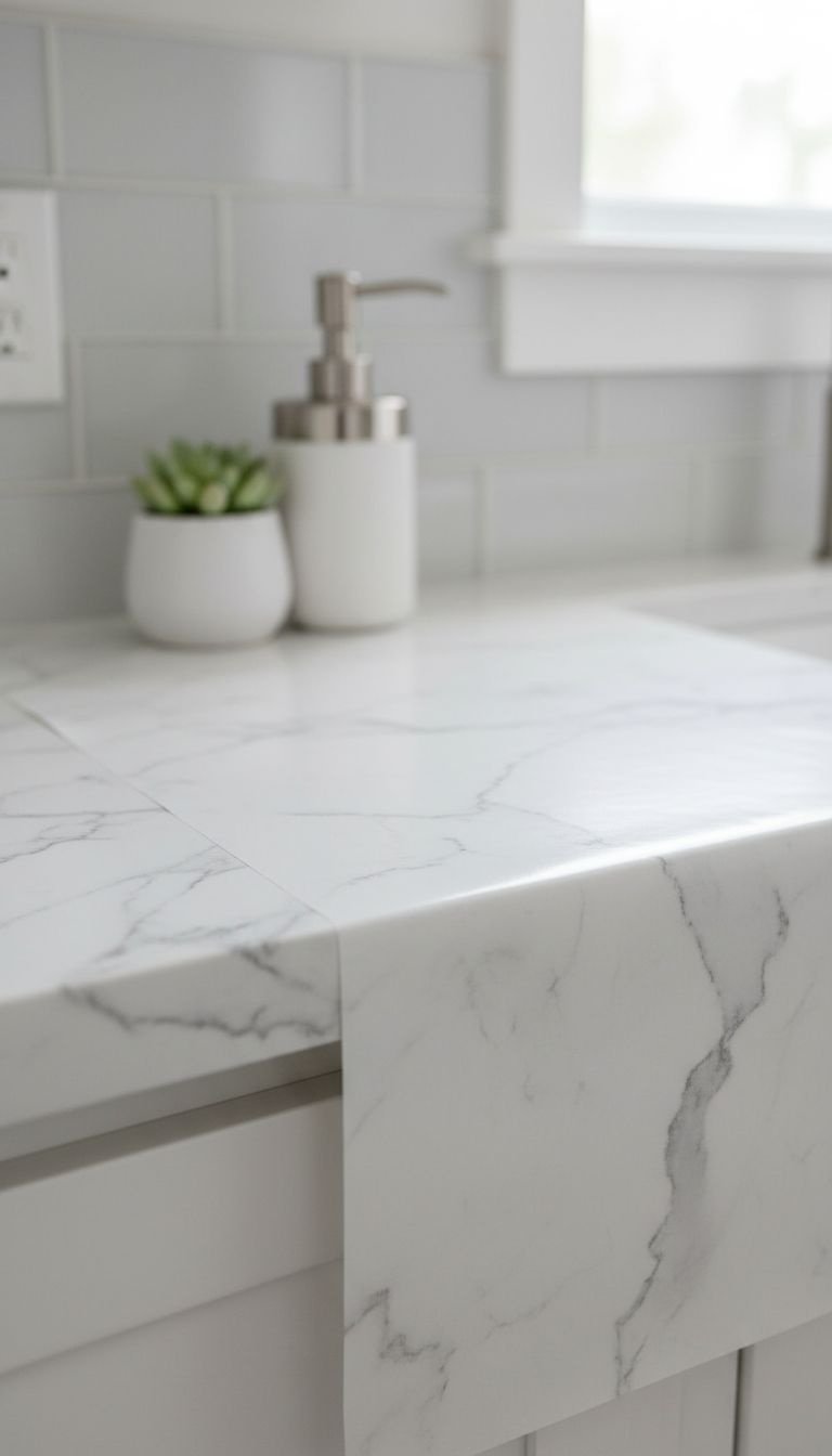 White marble-effect contact paper on a kitchen countertop with gray veining, succulent, and soap dispenser. Modern DIY home decor.